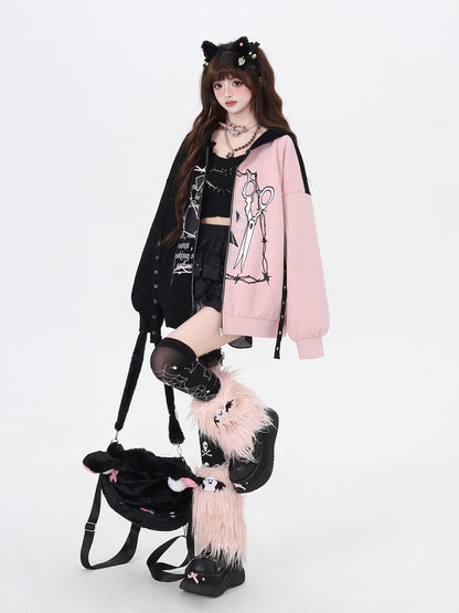 Crazy Girl Sweet Cool Colorblock Hooded Loose Fleece Lined Women&
