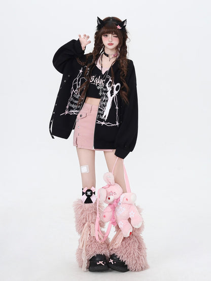 Crazy Girl Sweet Cool Colorblock Hooded Loose Fleece Lined Women&