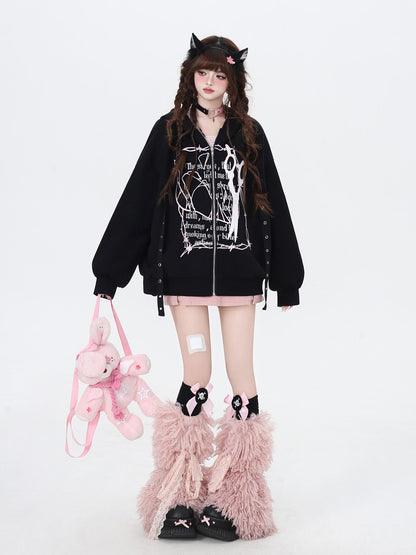 Crazy Girl Sweet Cool Colorblock Hooded Loose Fleece Lined Women&
