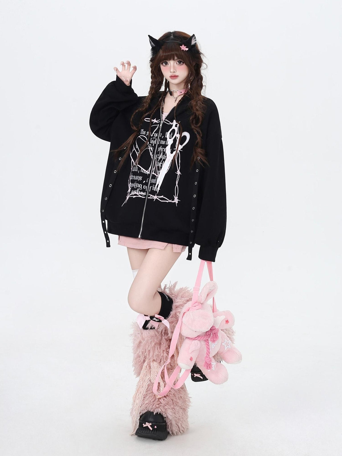 Crazy Girl Sweet Cool Colorblock Hooded Loose Fleece Lined Women&
