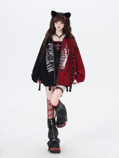 Crazy Girl Sweet Cool Colorblock Hooded Loose Fleece Lined Women&