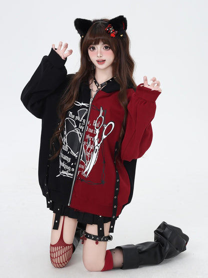 Crazy Girl Sweet Cool Colorblock Hooded Loose Fleece Lined Women&