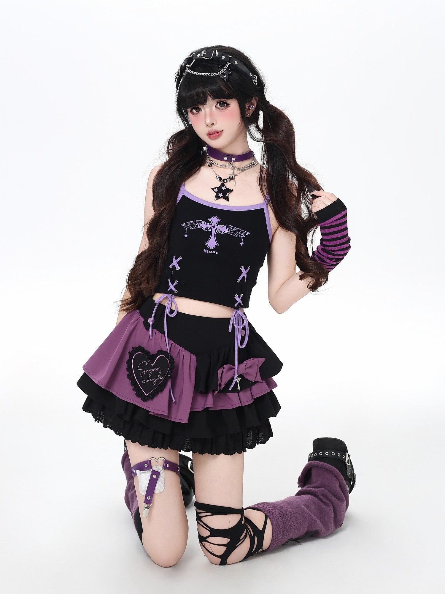 Crazy Girl Sweet Cool Embroidered Tie High Waist Women&