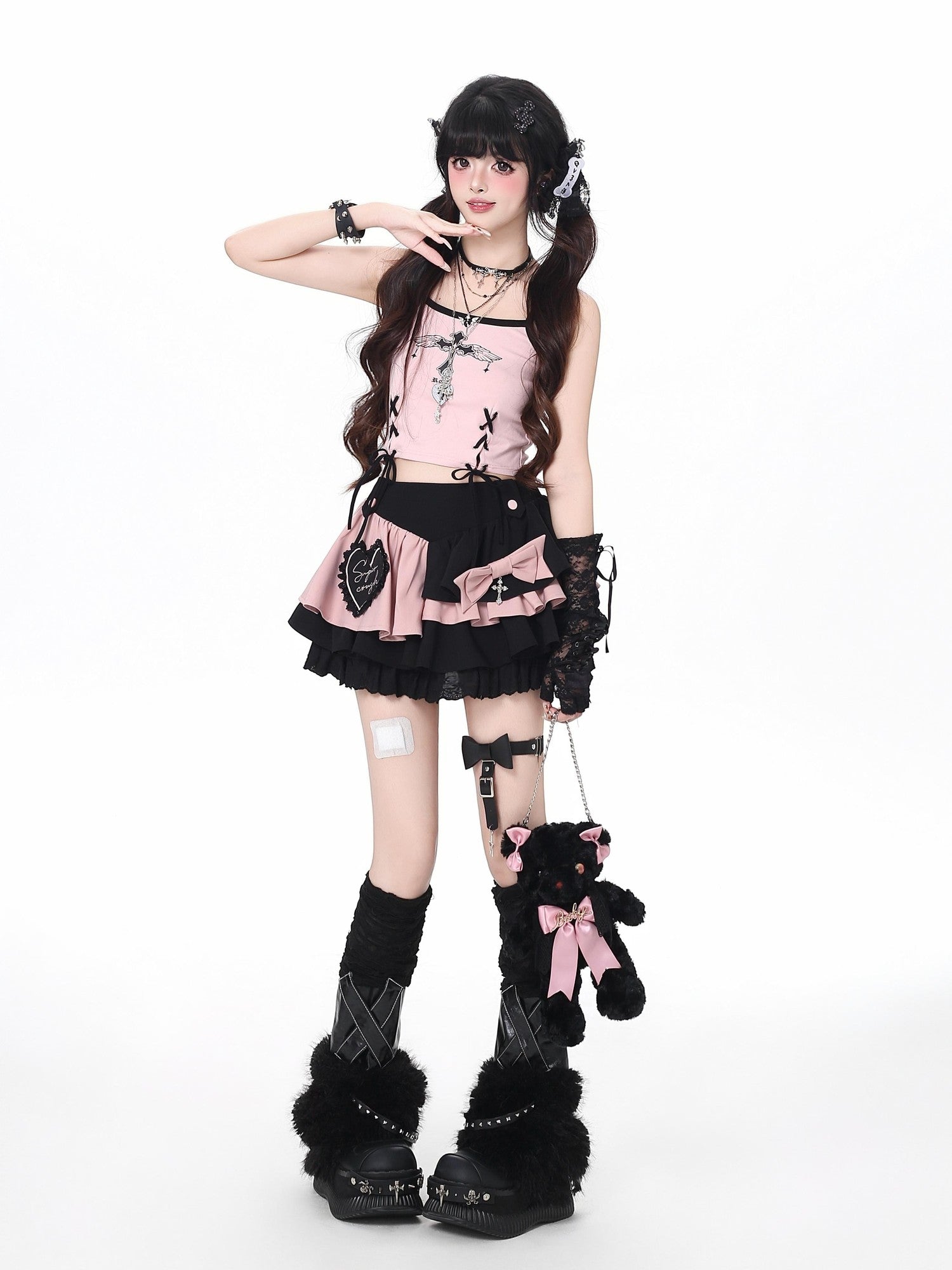 Crazy Girl Sweet Cool Embroidered Tie High Waist Women&