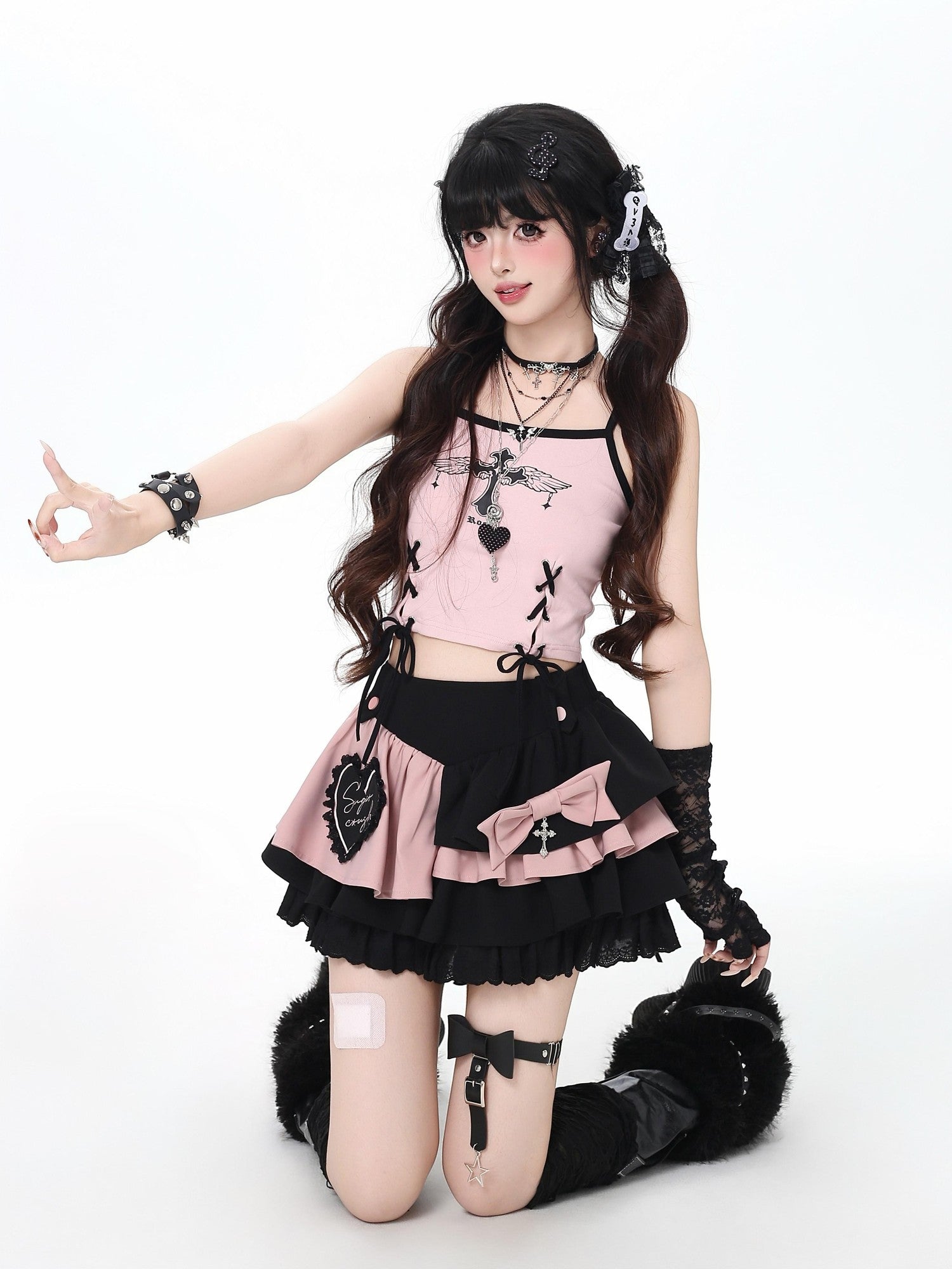 Crazy Girl Sweet Cool Embroidered Tie High Waist Women&