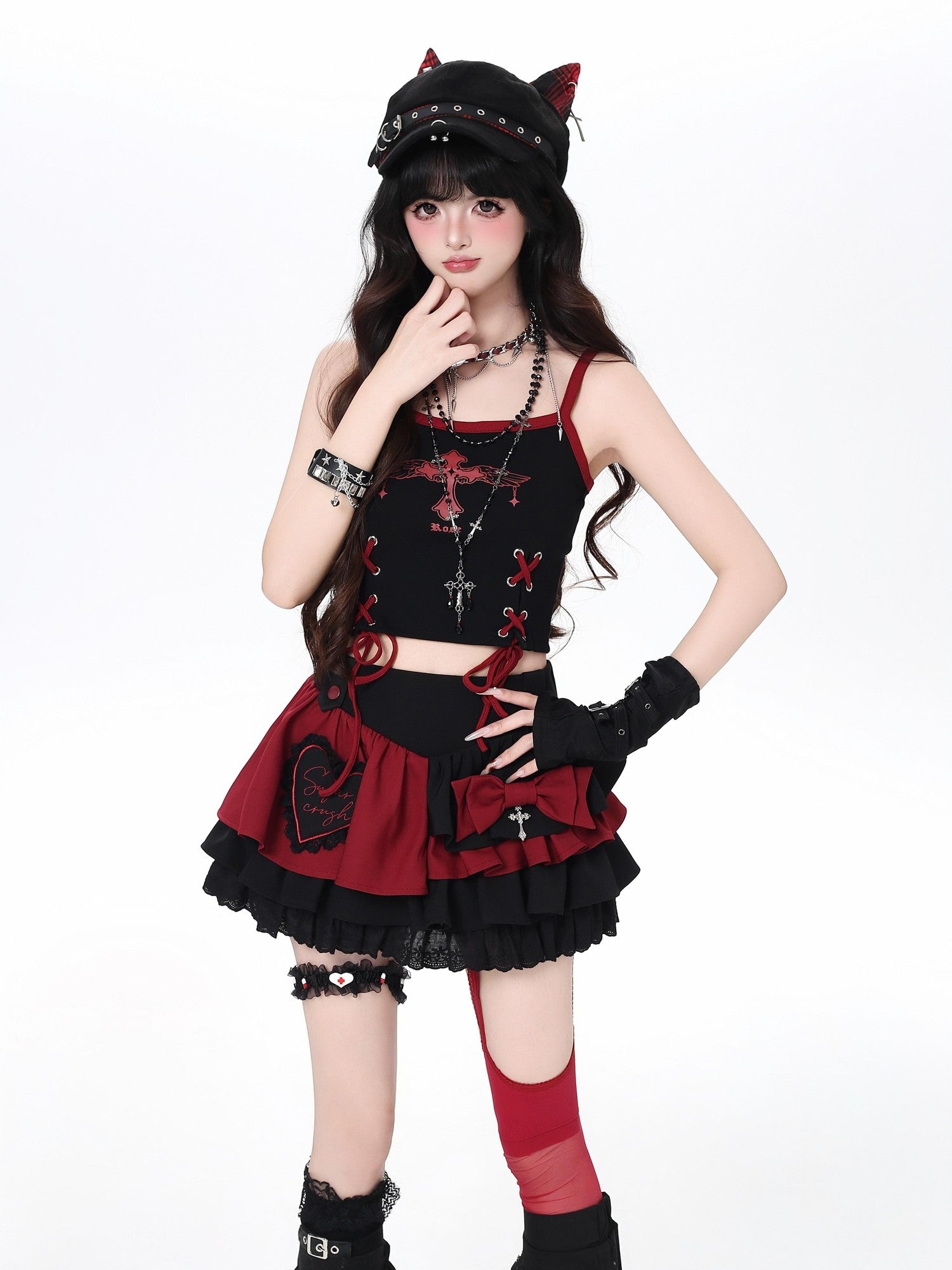 Crazy Girl Sweet Cool Embroidered Tie High Waist Women&