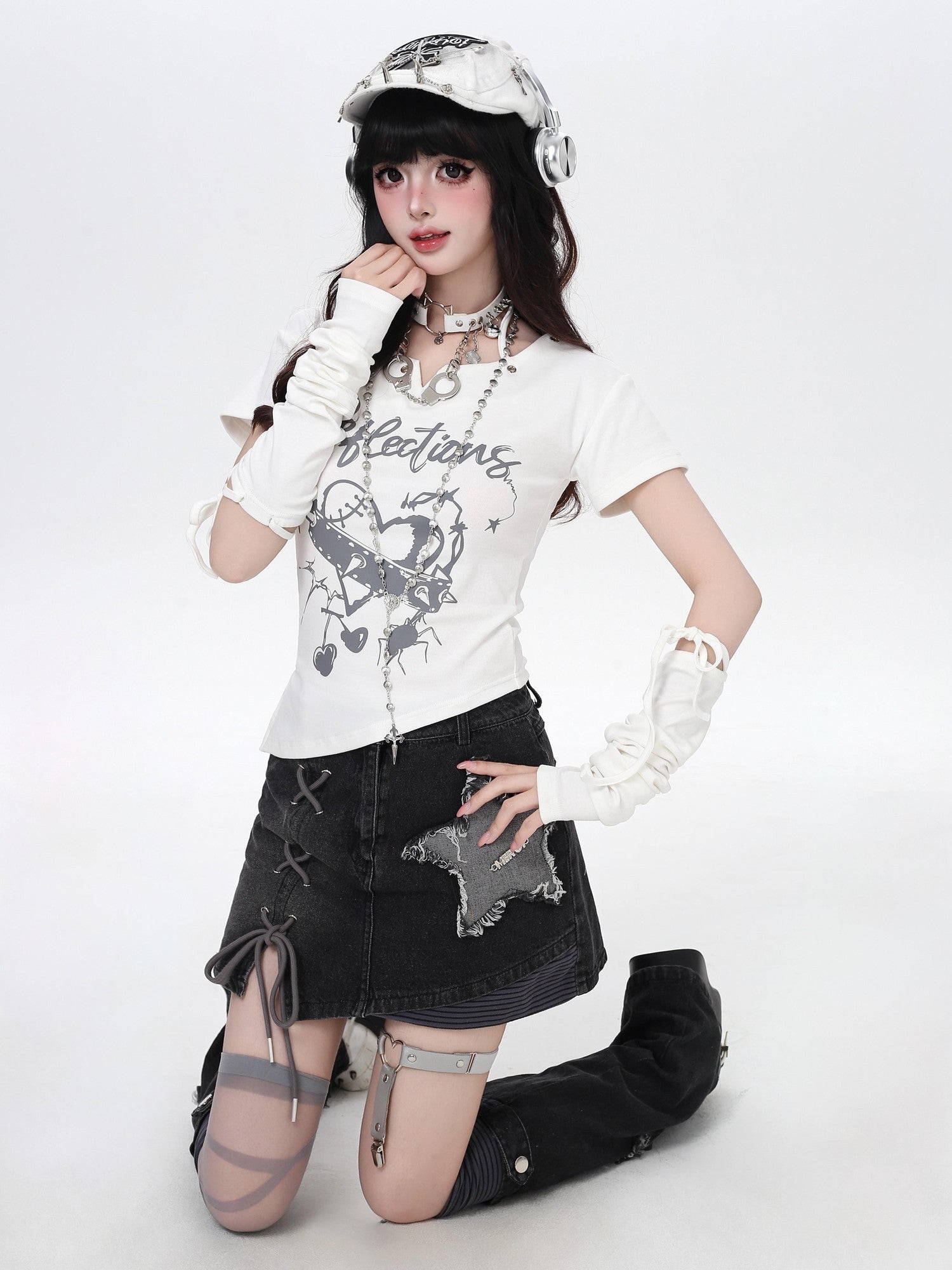 Crazy Girl Sweet Cute Heart Print Patchwork Slim Fit Women&