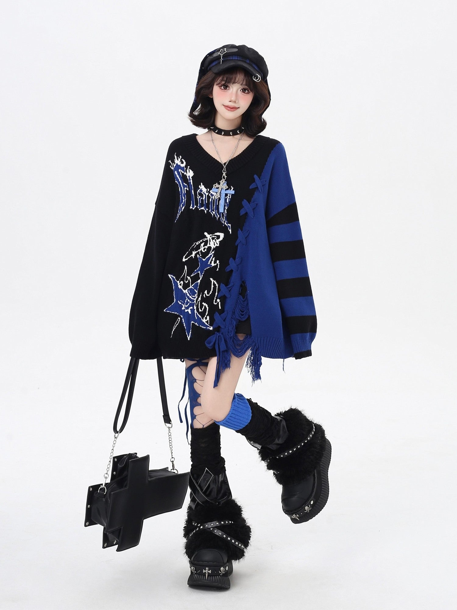 Crazy Girl Sweet Edgy V-neck Colorblock Tie Cartoon Loose Women&