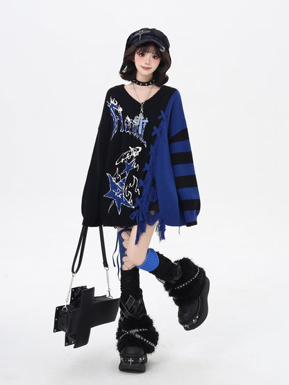 Crazy Girl Sweet Edgy V-neck Colorblock Tie Cartoon Loose Women&
