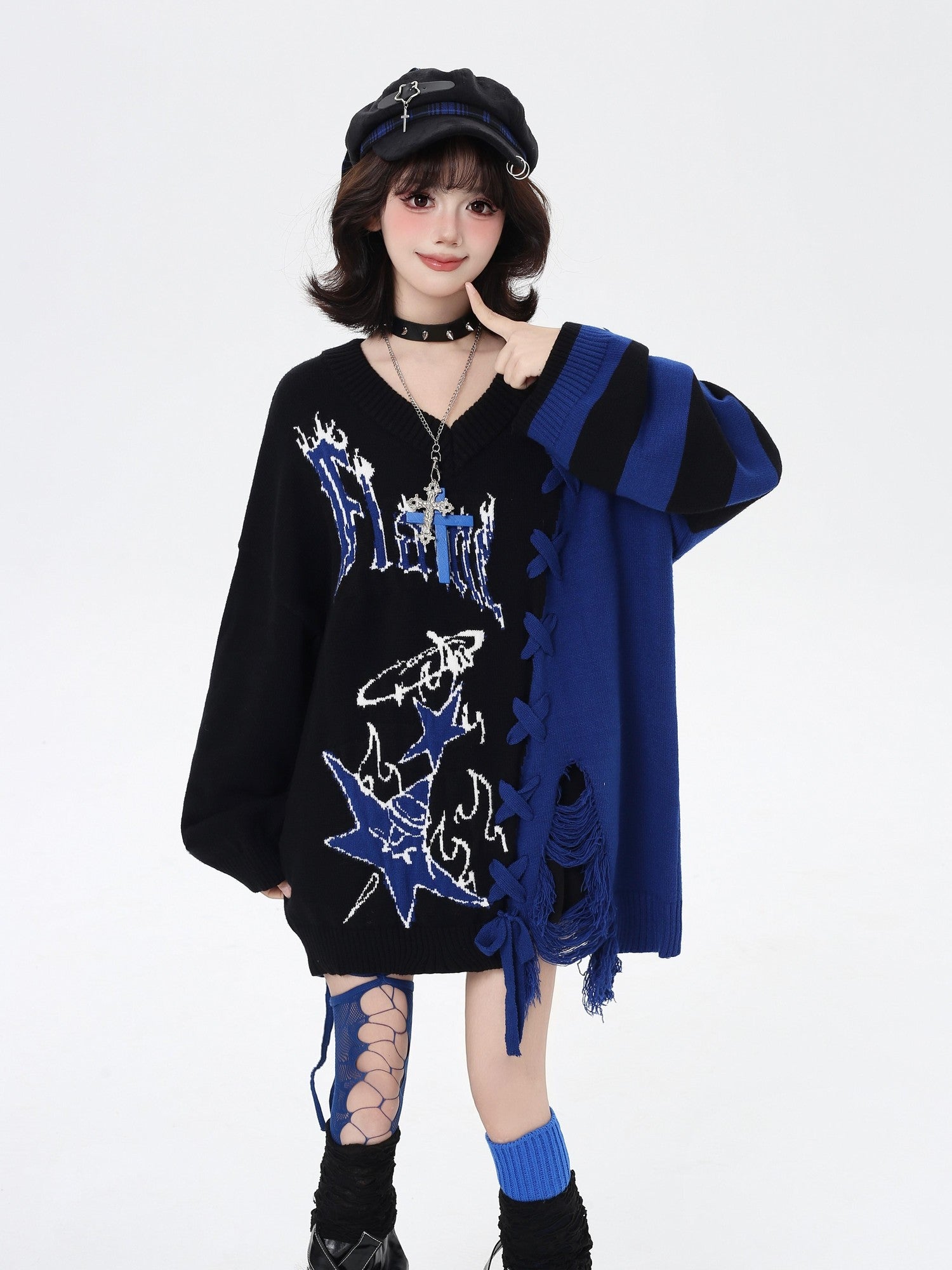Crazy Girl Sweet Edgy V-neck Colorblock Tie Cartoon Loose Women&