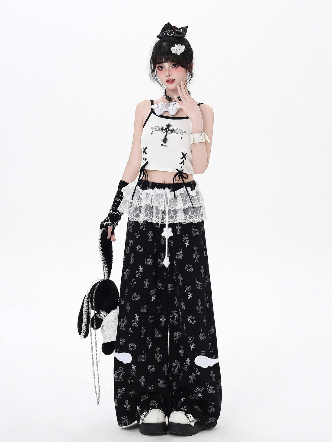 Crazy Girl Sweet Floral Printed Lace Trim High Waist Women&
