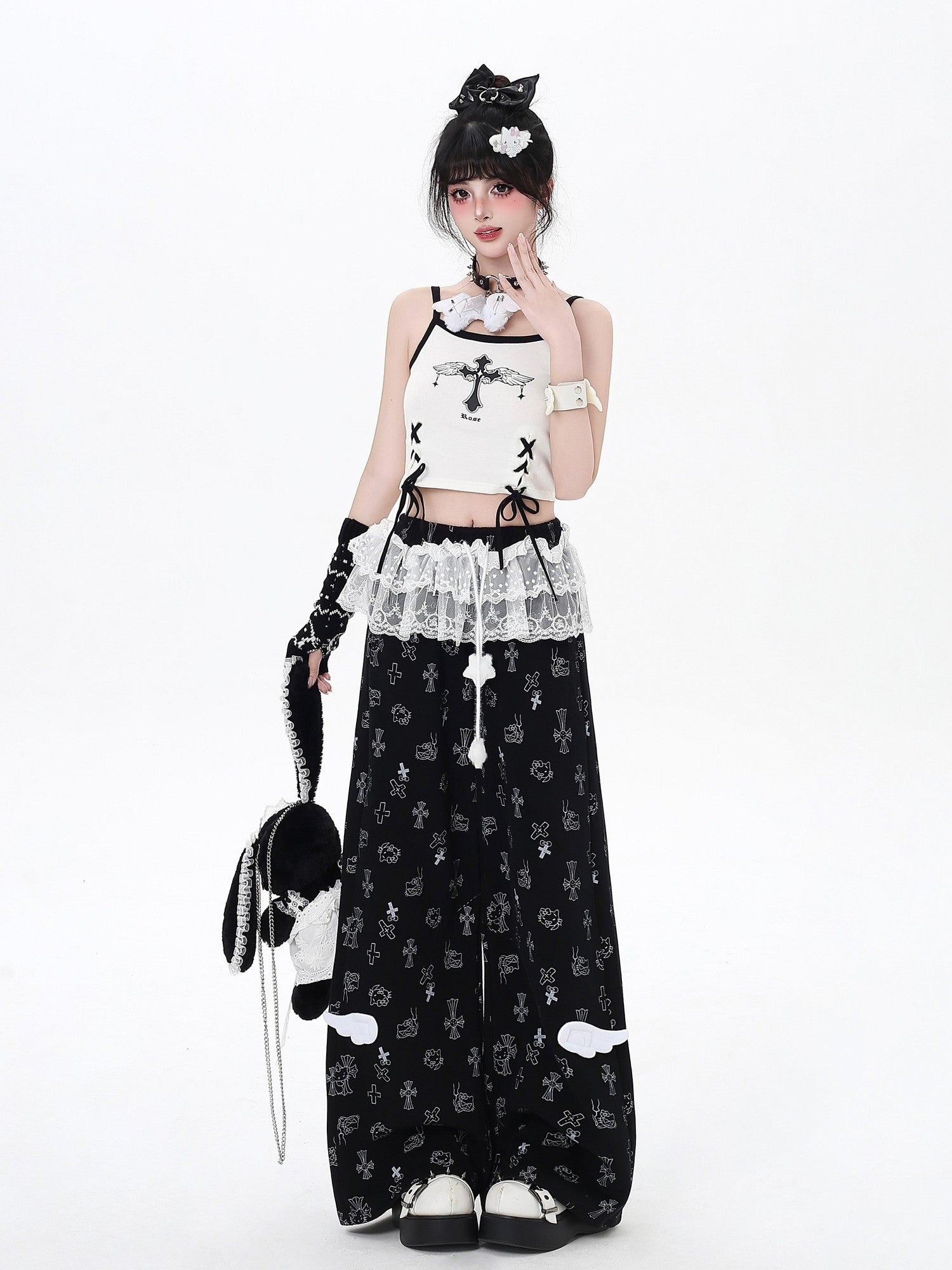 Crazy Girl Sweet Floral Printed Lace Trim High Waist Women&