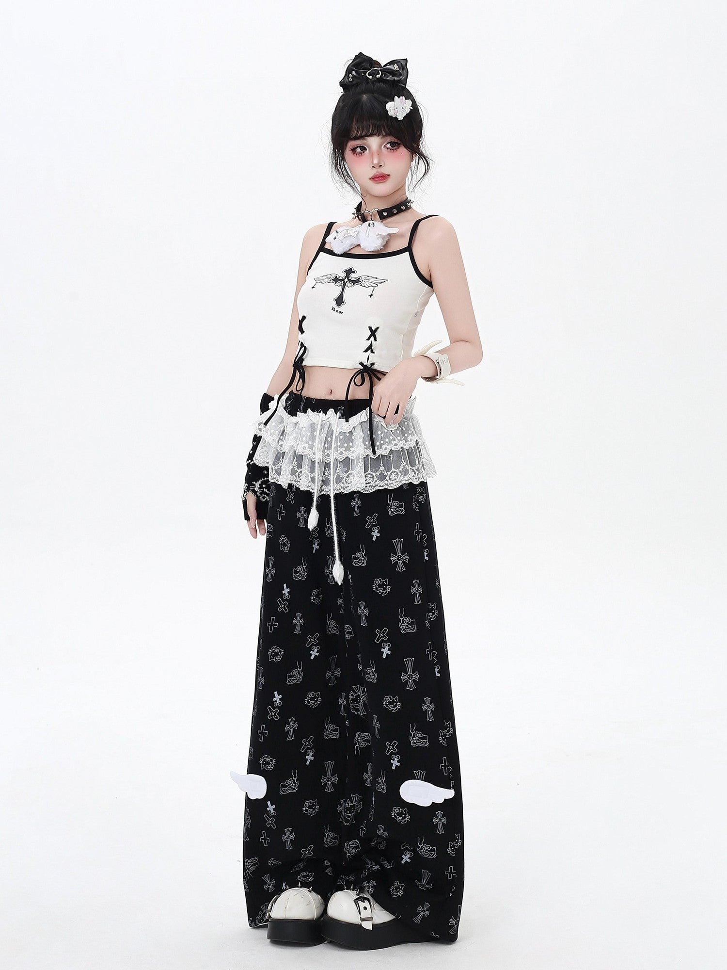 Crazy Girl Sweet Floral Printed Lace Trim High Waist Women&