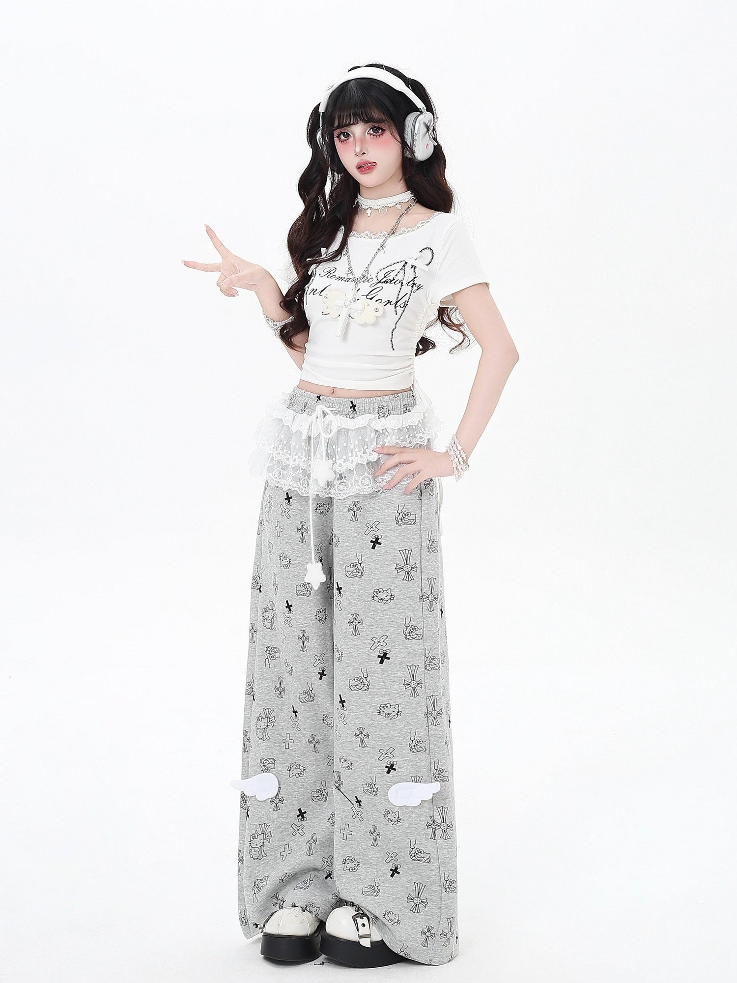 Crazy Girl Sweet Floral Printed Lace Trim High Waist Women&