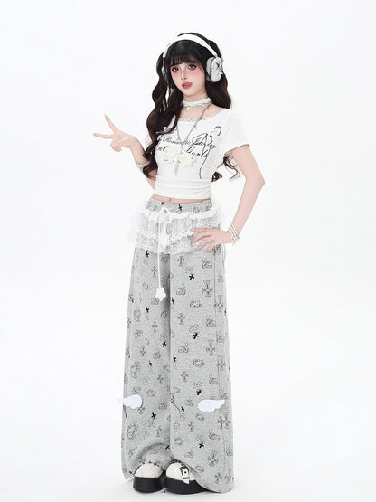 Crazy Girl Sweet Floral Printed Lace Trim High Waist Women&