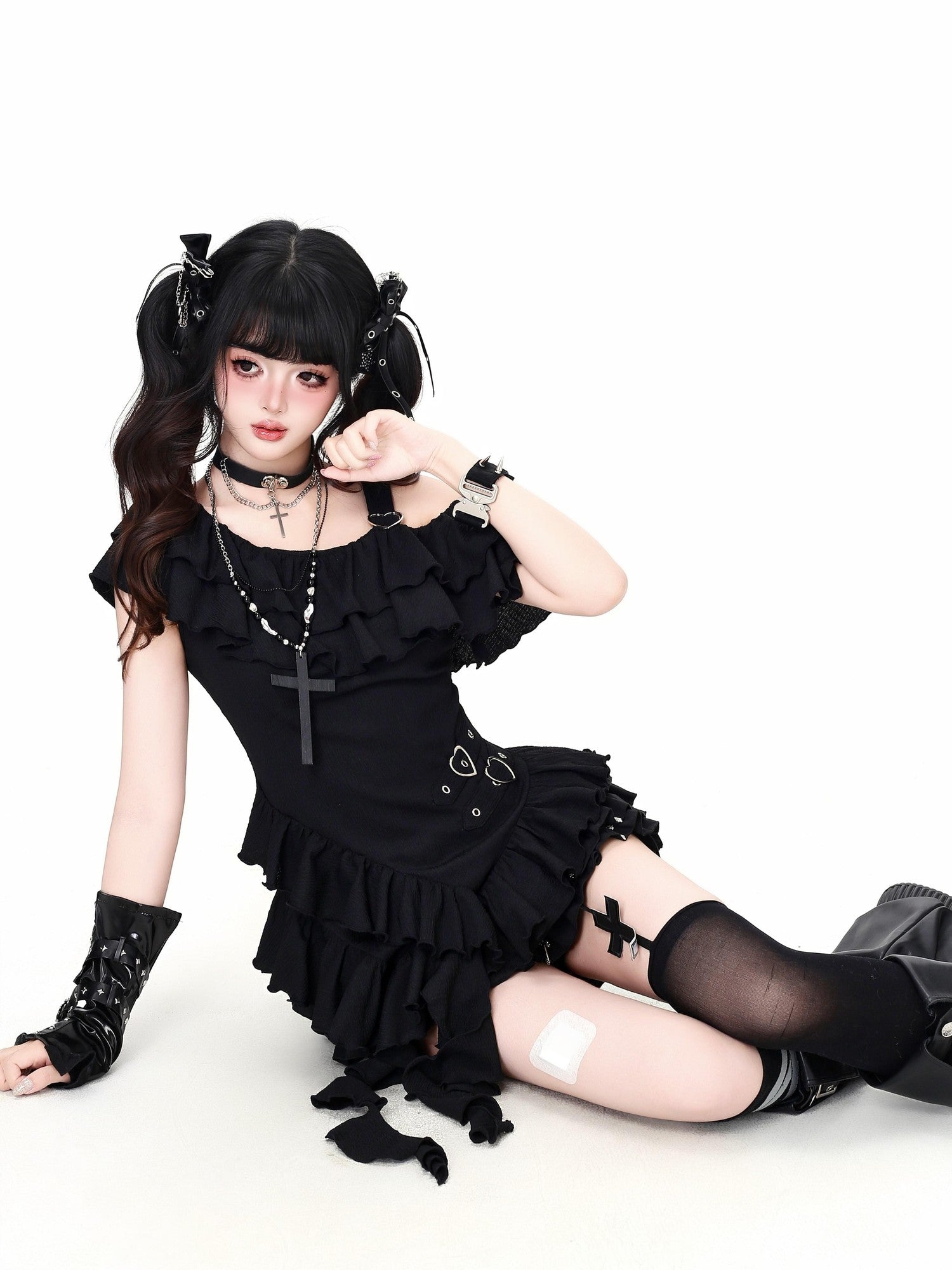 Crazy Girl Sweet Heart Print Ruffle Sleeve Ruched Waist Women&