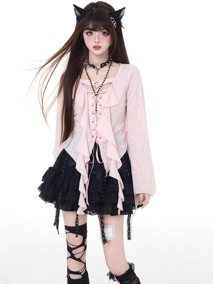 Crazy Girl Sweet Resort Original Ribbon Tie Cropped Long Sleeve Women&
