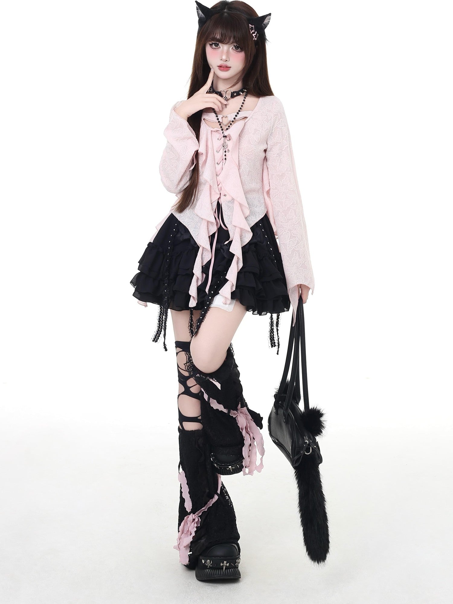 Crazy Girl Sweet Resort Original Ribbon Tie Cropped Long Sleeve Women&