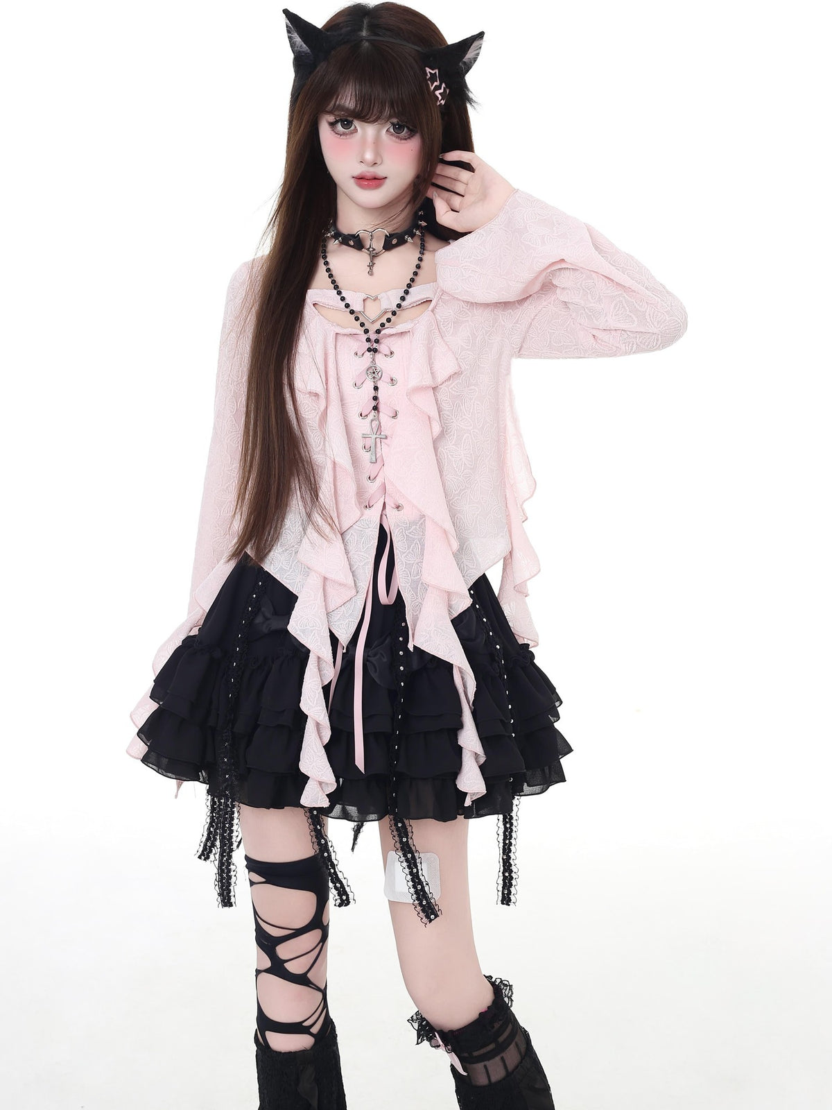 Crazy Girl Sweet Resort Original Ribbon Tie Cropped Long Sleeve Women&