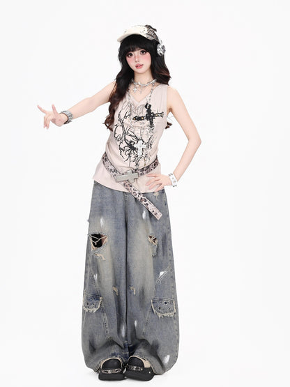 Crazy Girl Thorn Spider Studded Cross Print Y2k Punk Women&