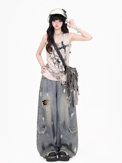 Crazy Girl Thorn Spider Studded Cross Print Y2k Punk Women&