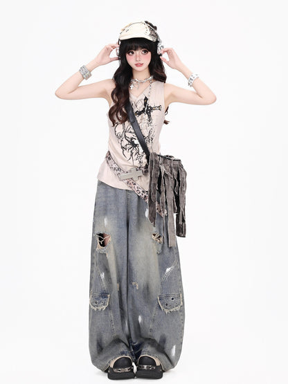 Crazy Girl Thorn Spider Studded Cross Print Y2k Punk Women&