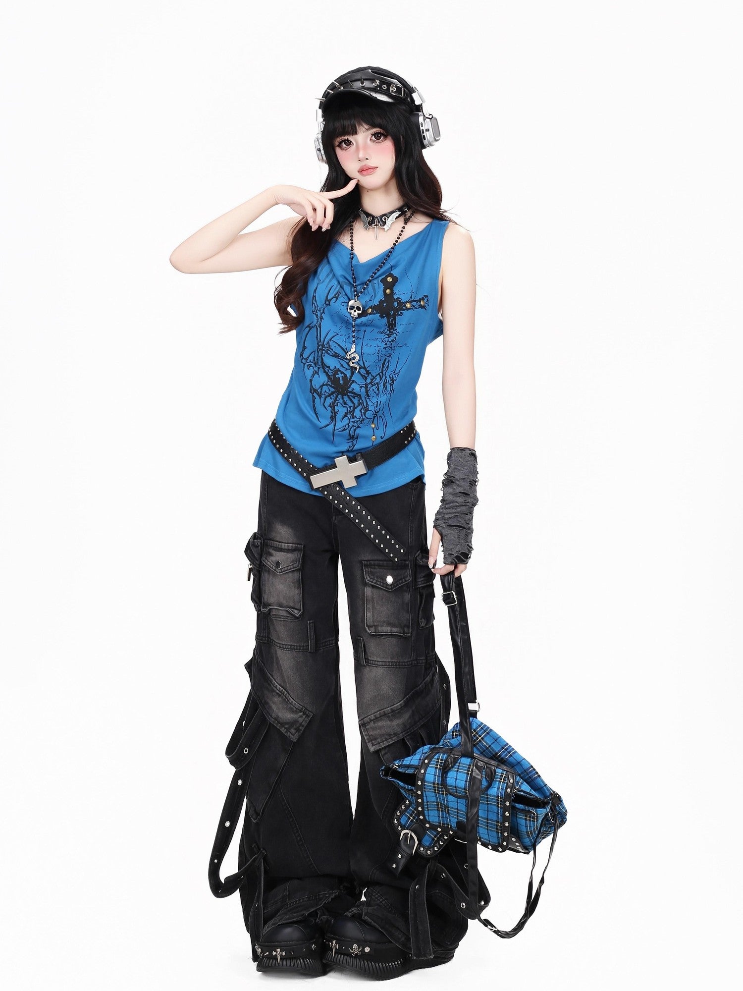 Crazy Girl Thorn Spider Studded Cross Print Y2k Punk Women&