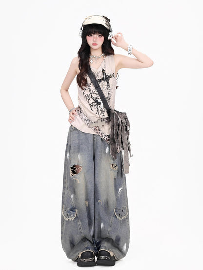 Crazy Girl Thorn Spider Studded Cross Print Y2k Punk Women&