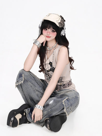 Crazy Girl Thorn Spider Studded Cross Print Y2k Punk Women&