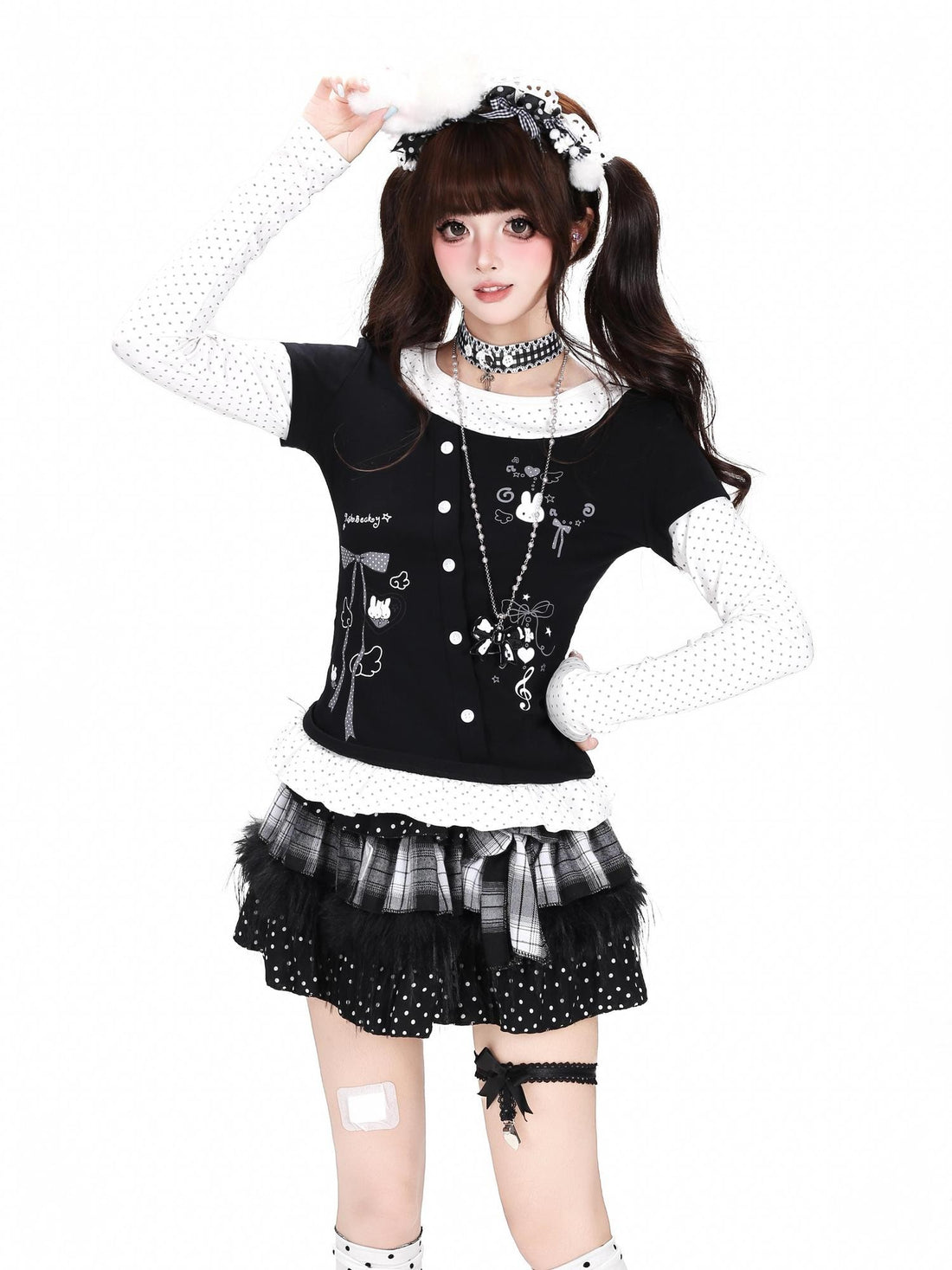 Crazy Girl Three Color Polka Dot Bow Splice Slim Fit Women&