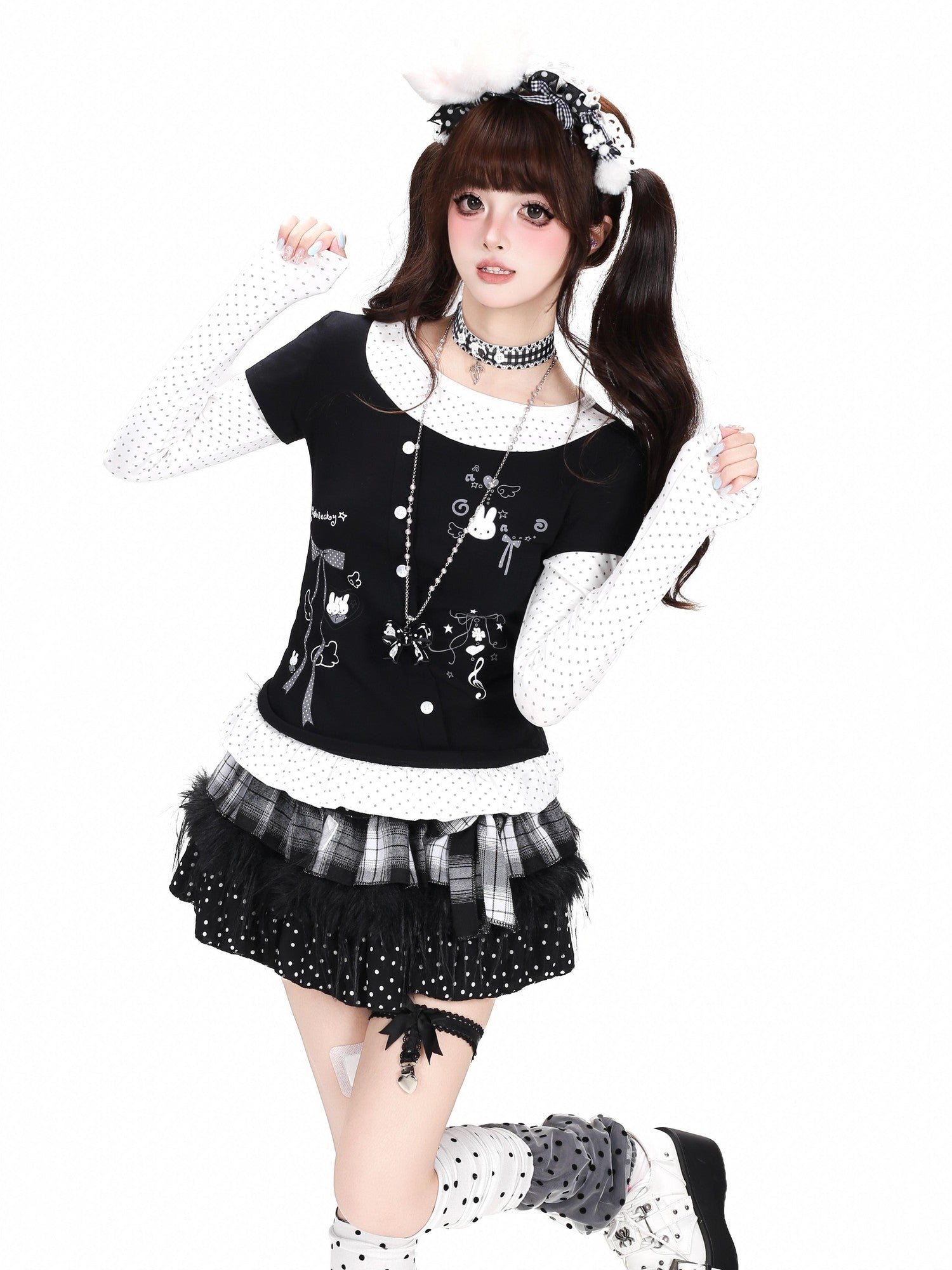 Crazy Girl Three Color Polka Dot Bow Splice Slim Fit Women&