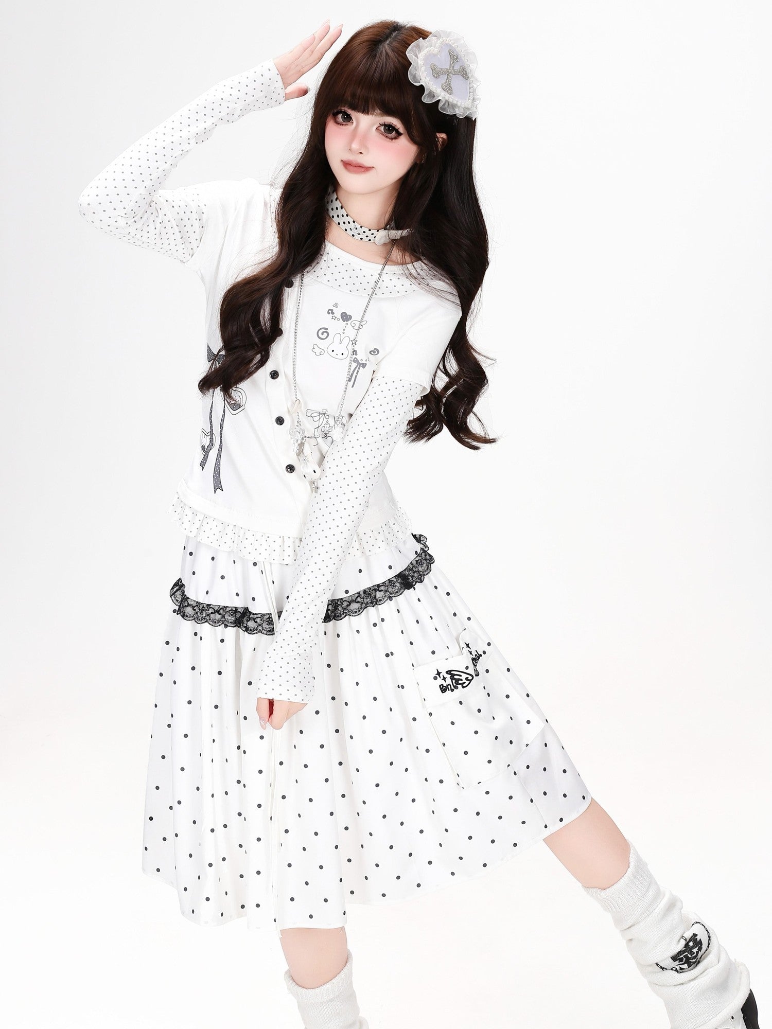 Crazy Girl Three Color Polka Dot Bow Splice Slim Fit Women&