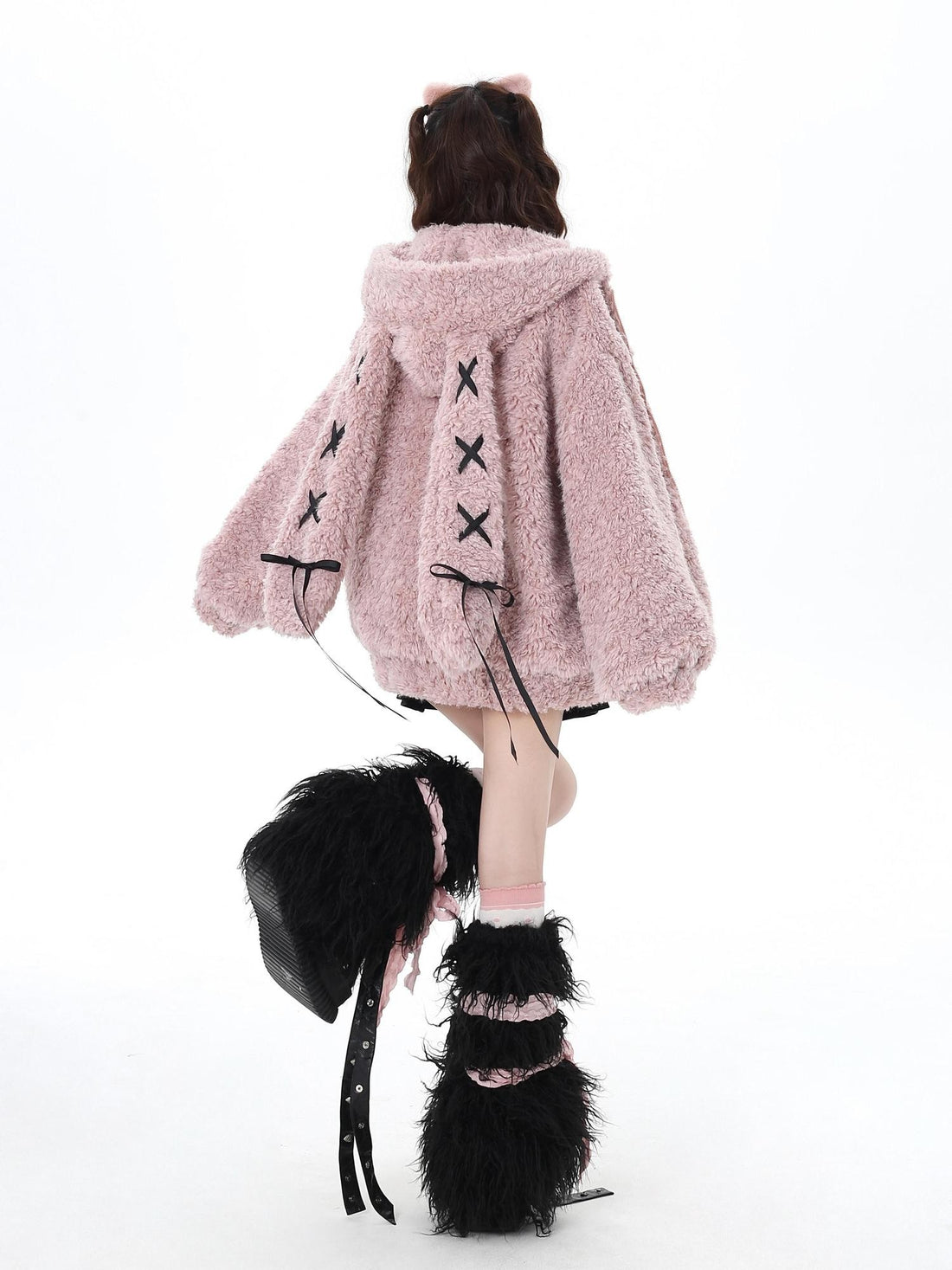 Crazy Girl Tie Strap Bunny Ear Hooded Oversized Women&