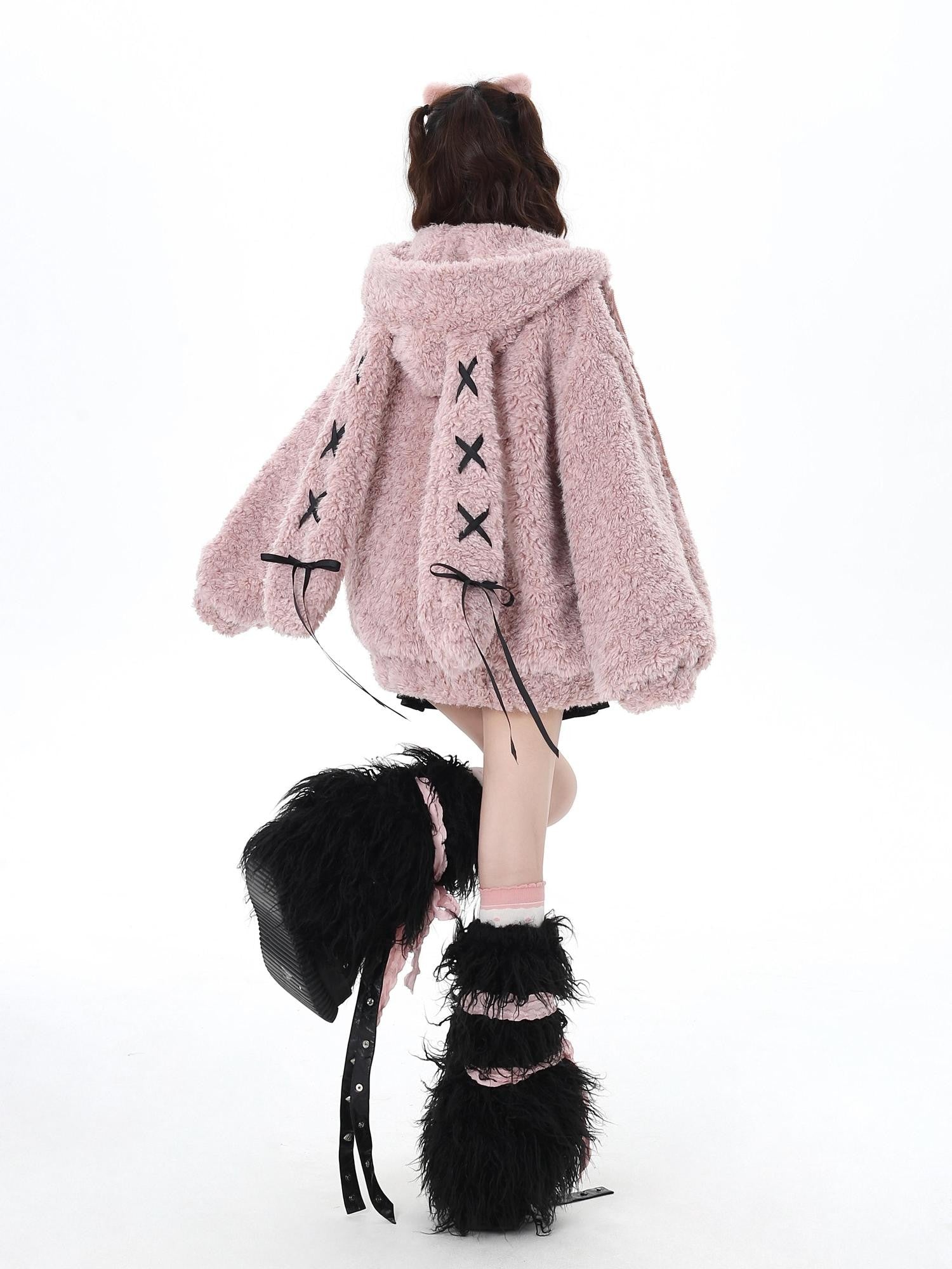 Crazy Girl Tie Strap Bunny Ear Hooded Oversized Women&
