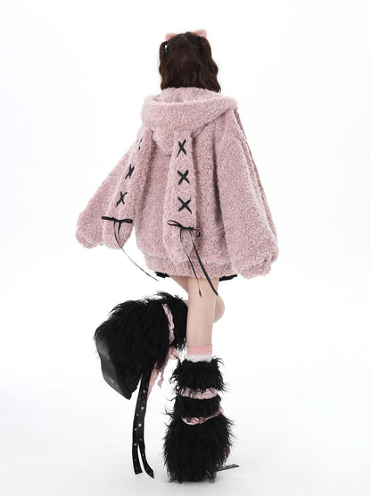 Crazy Girl Tie Strap Bunny Ear Hooded Oversized Women&