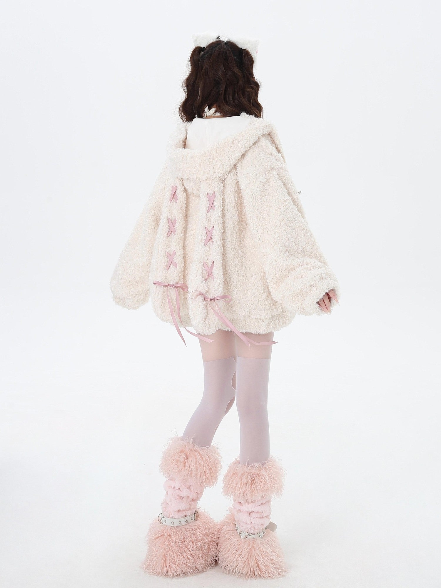 Crazy Girl Tie Strap Bunny Ear Hooded Oversized Women&