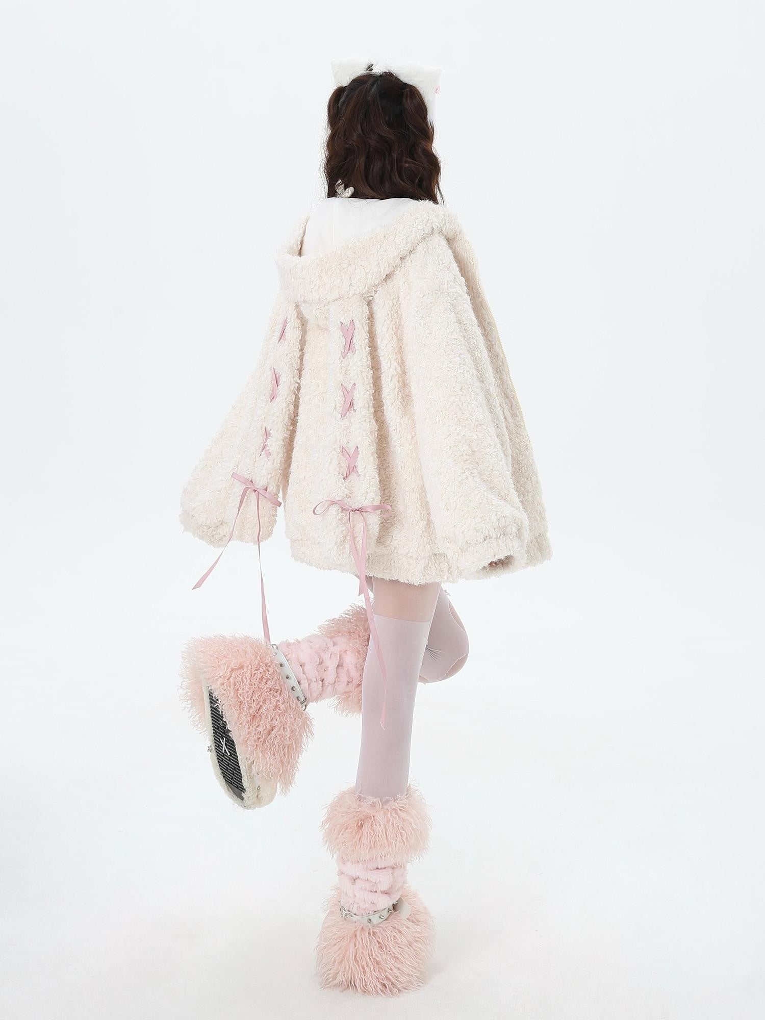 Crazy Girl Tie Strap Bunny Ear Hooded Oversized Women&