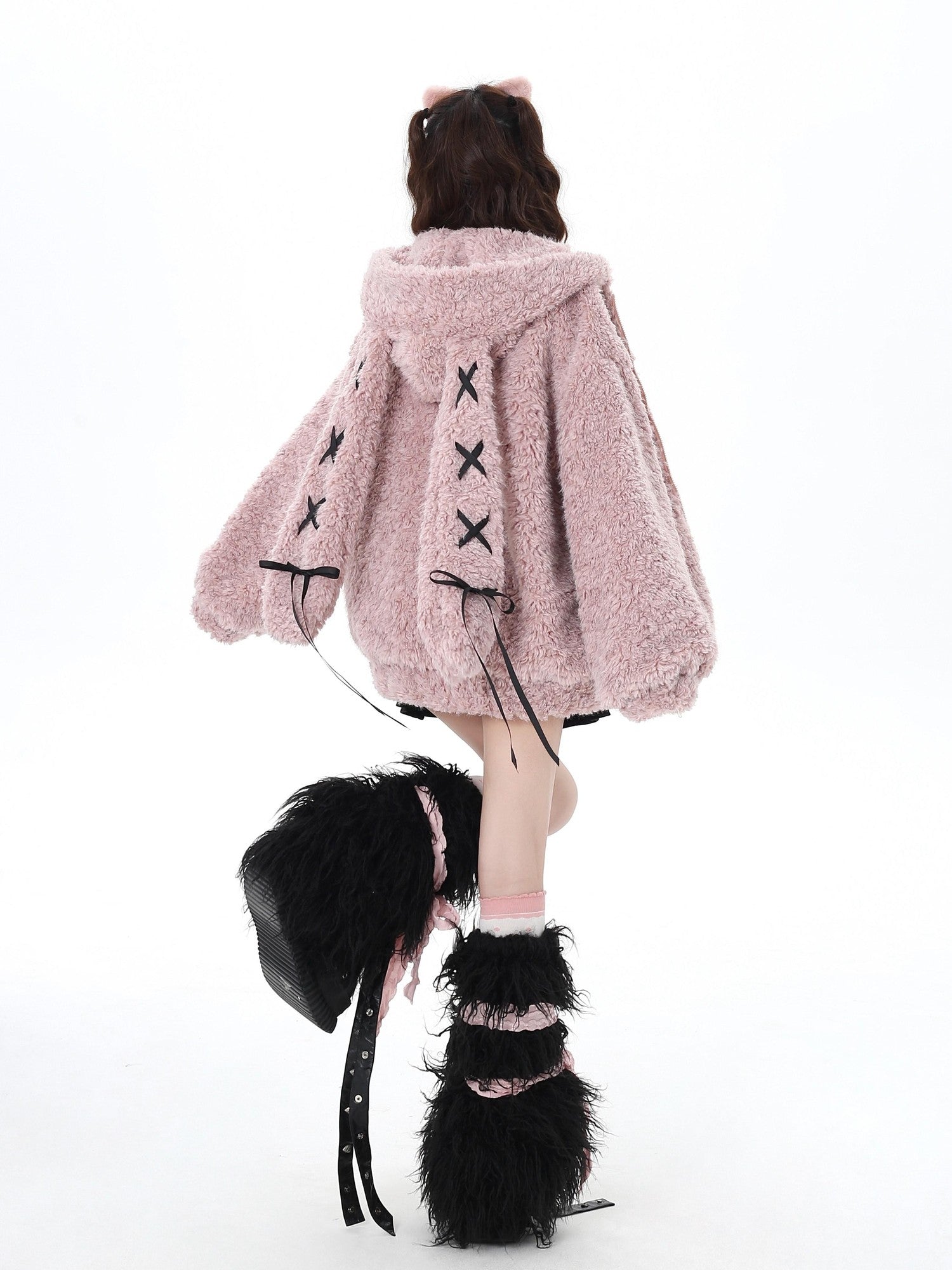 Crazy Girl Tie Strap Bunny Ear Hooded Oversized Women&