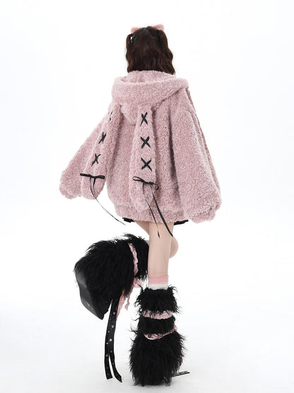Crazy Girl Tie Strap Bunny Ear Hooded Oversized Women&