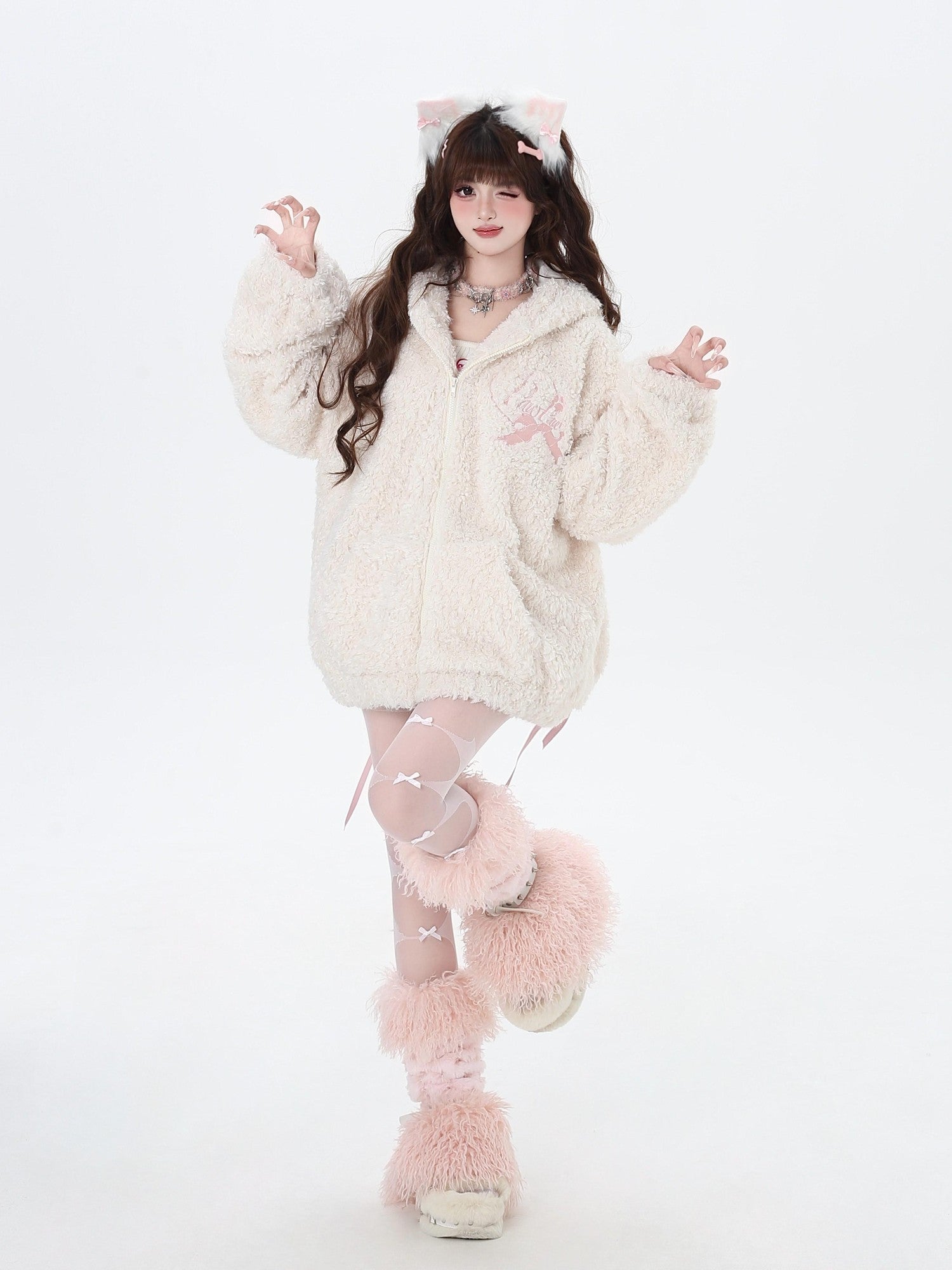 Crazy Girl Tie Strap Bunny Ear Hooded Oversized Women&