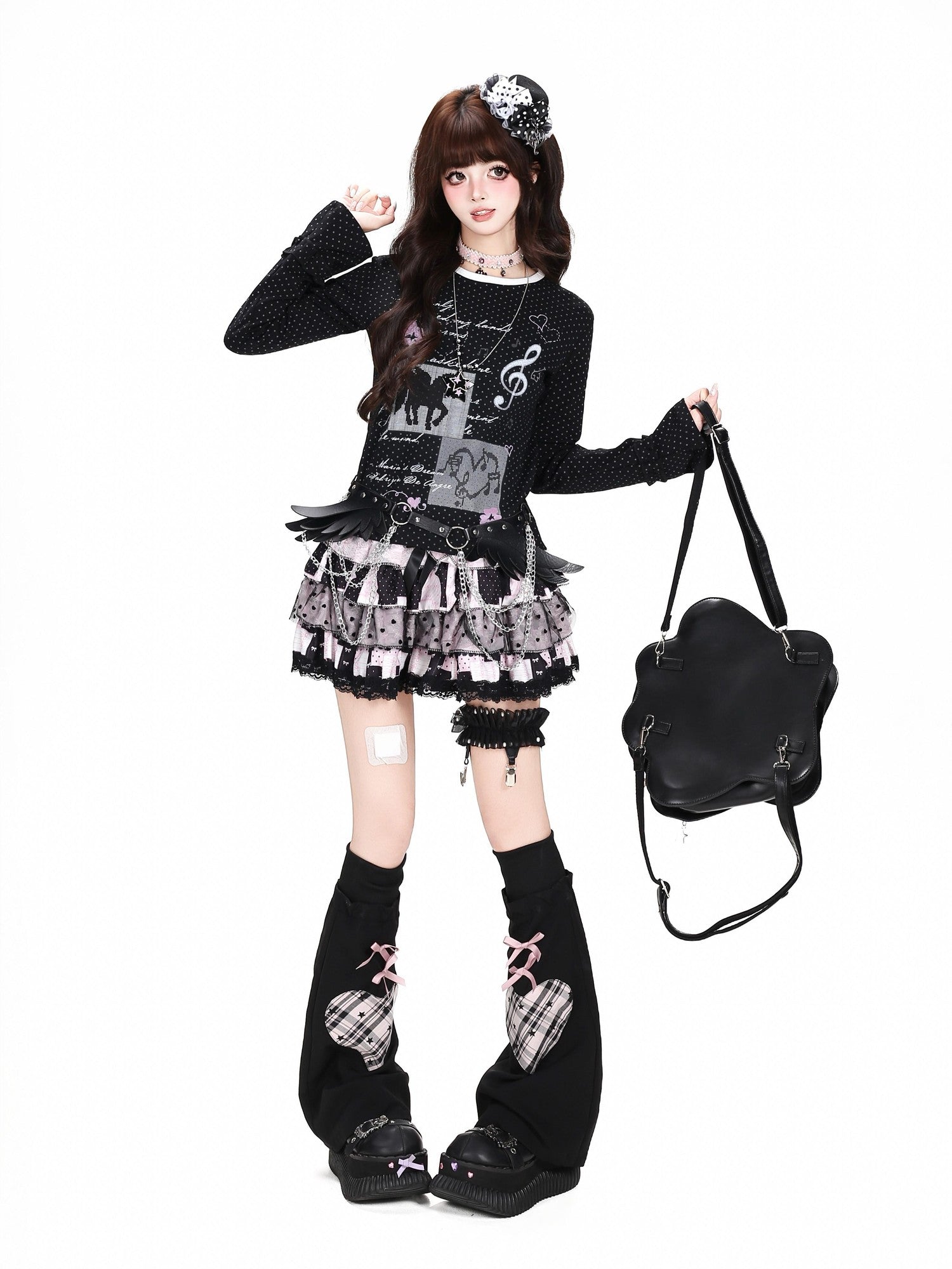 Crazy Girl Unicorn Polka Dot Patchwork Lace Cuffs Slim Fit Women&