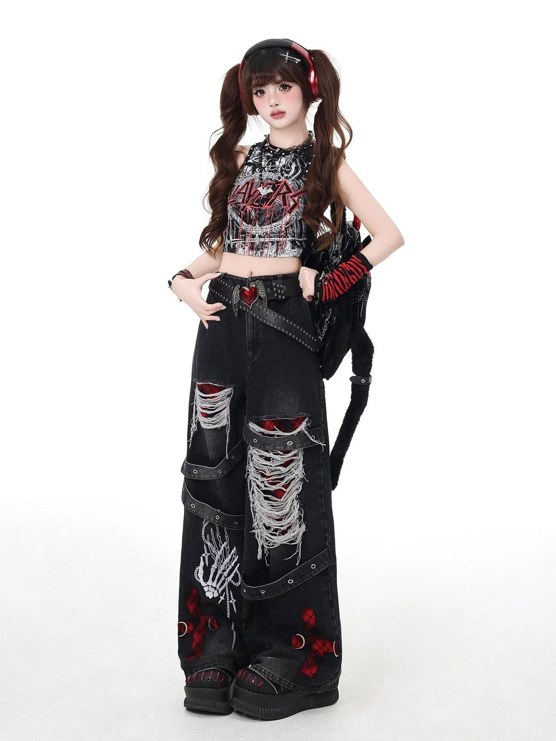 Crazy Girl Vintage Gothic Punk Washed High Waist Loose Women&