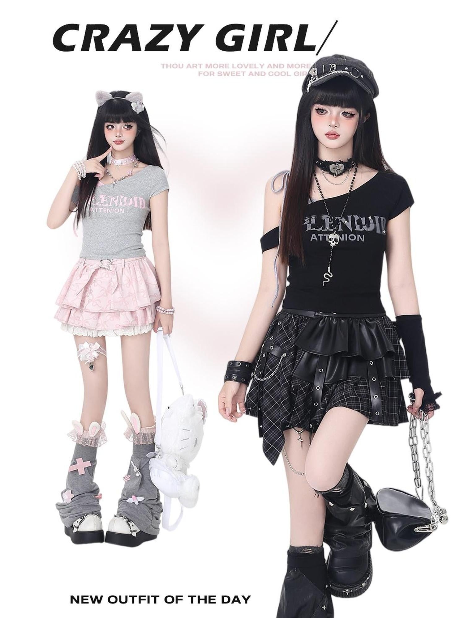 Crazy Girl Vintage Lettering Tie Splice Oblique Neck Women&