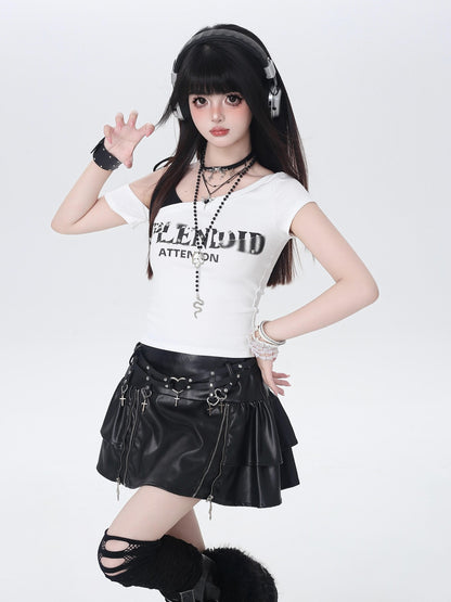 Crazy Girl Vintage Lettering Tie Splice Oblique Neck Women&