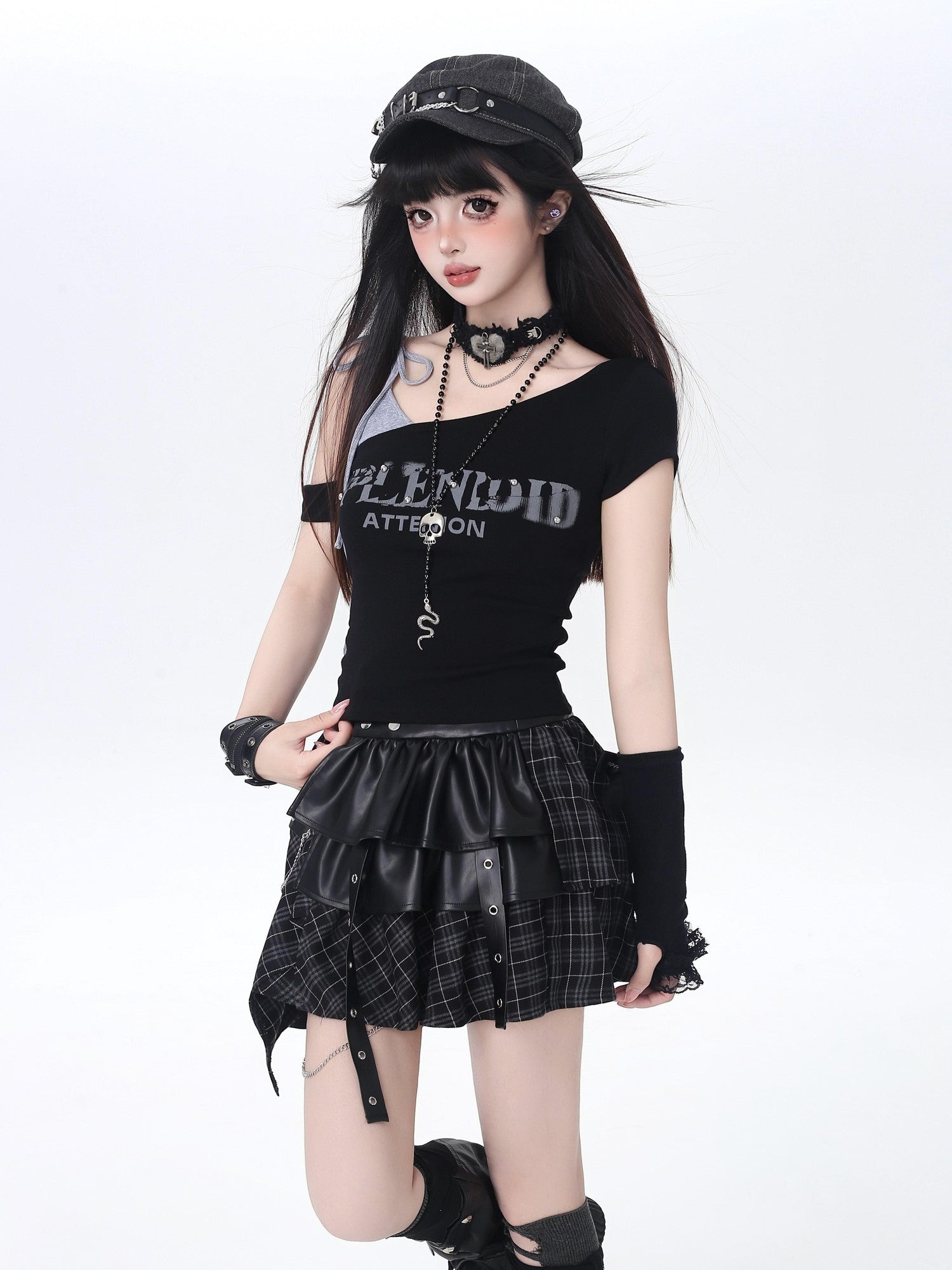 Crazy Girl Vintage Lettering Tie Splice Oblique Neck Women&