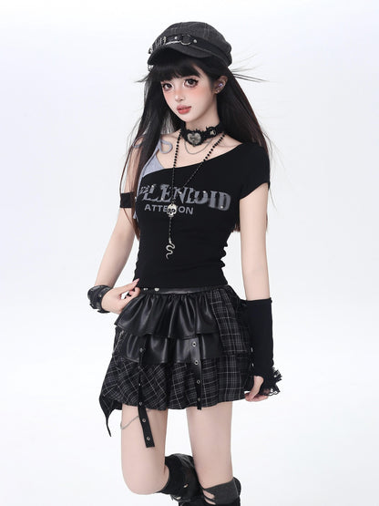 Crazy Girl Vintage Lettering Tie Splice Oblique Neck Women&