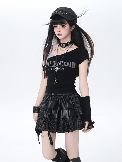 Crazy Girl Vintage Lettering Tie Splice Oblique Neck Women&