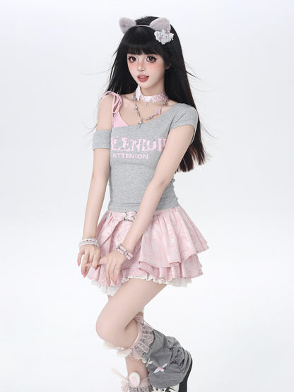 Crazy Girl Vintage Lettering Tie Splice Oblique Neck Women&