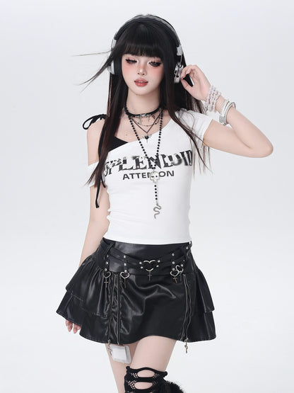 Crazy Girl Vintage Lettering Tie Splice Oblique Neck Women&