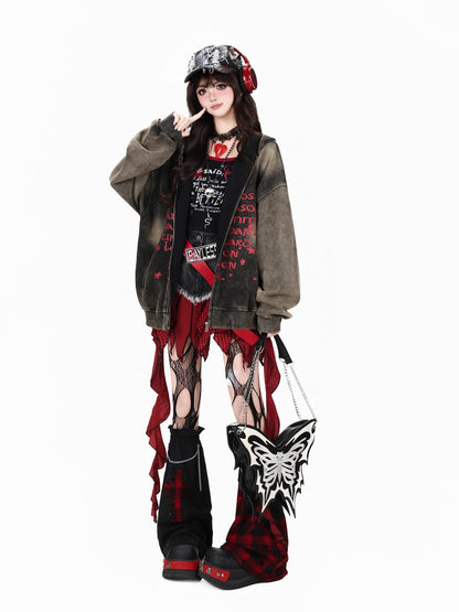 Crazy Girl Vintage Red Letter Graffiti Oversized Distressed Women&